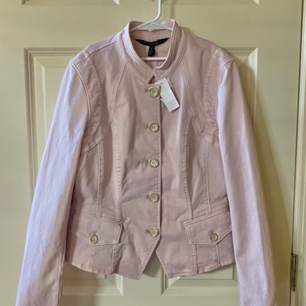 WHITE HOUSE BLACK MARKET: WOMENS PINK BLUSH DENIM MOTO JACKET-SIZE 4 **NWT!!!**